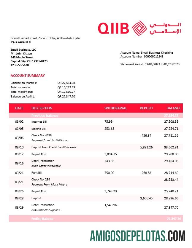 Modelo Word e PDF do extrato de conta da empresa Realista QIIB